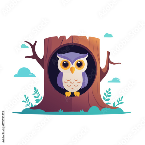 Owl in a Tree Trunk Isolated on a Transparent Background
