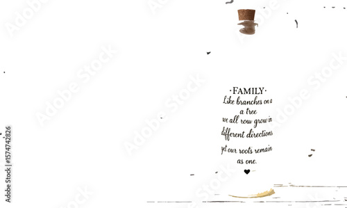 Family Quote in Glass Bottle – Vector Illustration of Cork-Sealed Vessel with Tree-Themed Message Scroll Inside