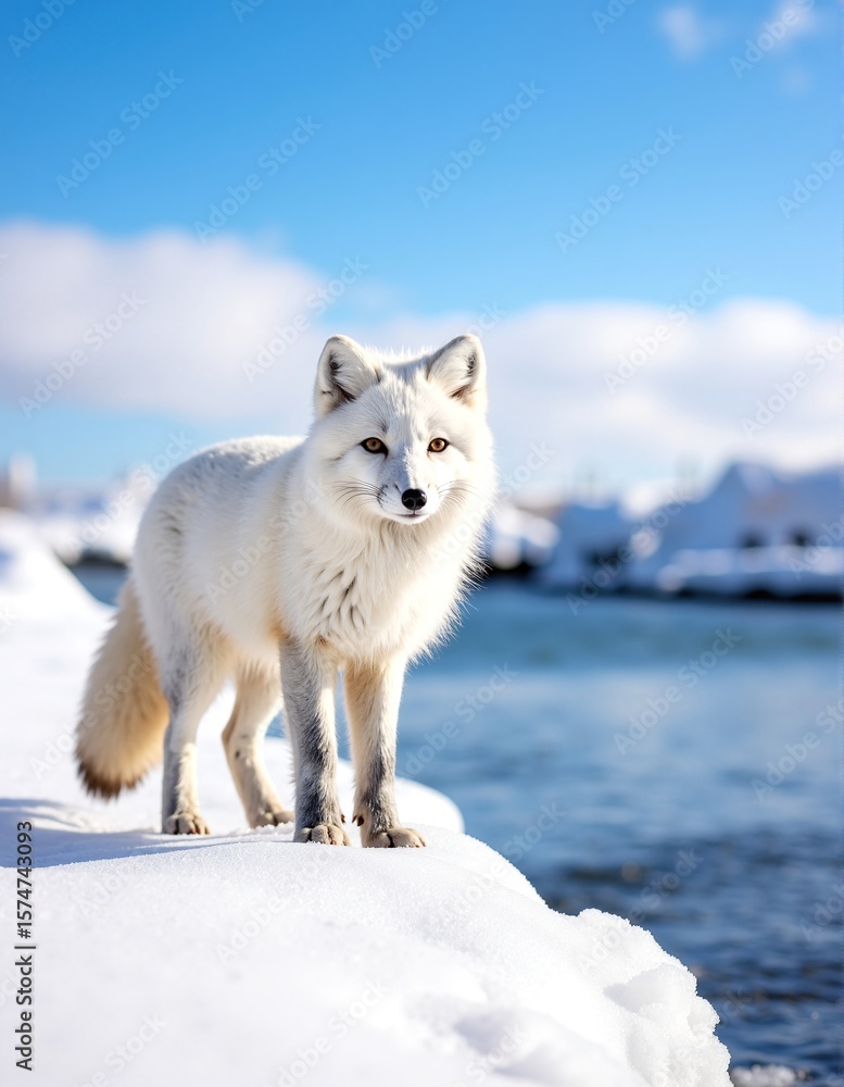 Naklejka premium A curious arctic fox stands on a shimmering sheet of ice, its thick white fur blending with the frosty landscape, eyes alert and ears perked.