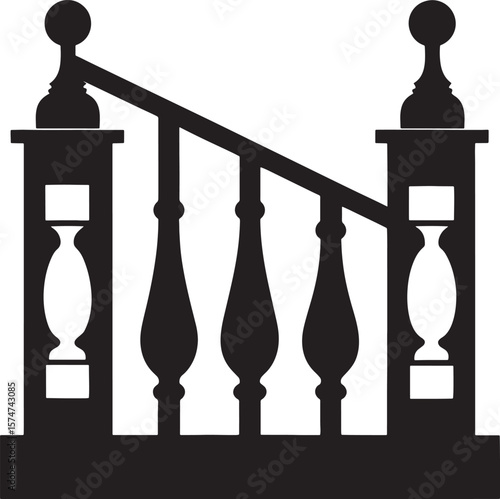 Ornate black silhouette of a staircase railing with decorative balusters isolated on white background