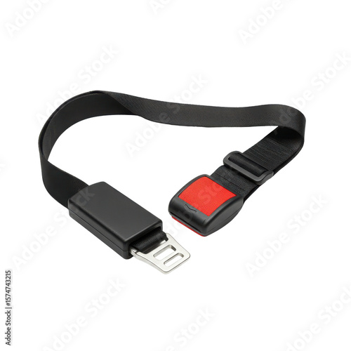 Seatbelt with black strap and red buckle for vehicle safety  