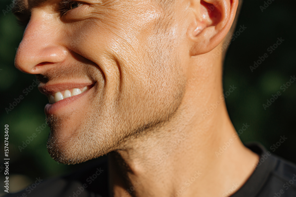 Obraz premium Close up macro shot of man smiling showing cheek and jawline with stubble, natural skin texture, and dimples, expressing happiness and confidence in soft natural light