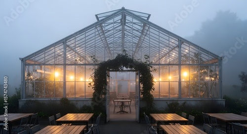 Greenhouse restaurant garden dining foggy atmosphere tables chairs evening light cozy space outdoor area