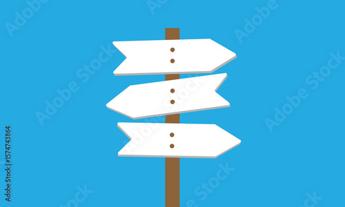 A wooden signpost with four blank directional arrows pointing in different directions on a solid yellow background