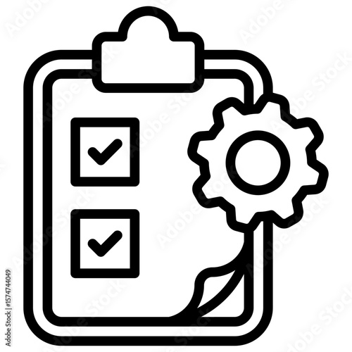 Task Setting Outline Vector Design - clipboard with checklist and gear, representing task planning and process execution