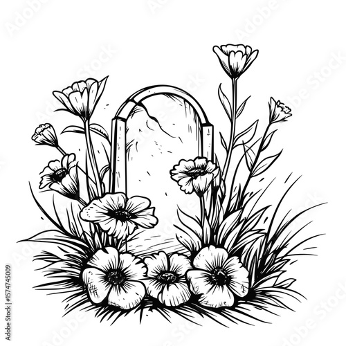 Flowers on grave, vector icons in sketch style of funeral