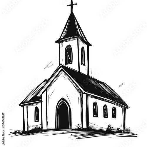Sketch of a church building with a cross, vector icons in sketch style of funeral