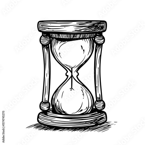 Hand-drawn hourglass illustration on white background, funeral and ritual services icon in sketch style