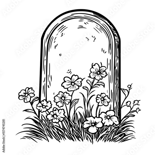 Gravestone with flowers and grass in a cemetery setting, funeral and ritual services icon in sketch style