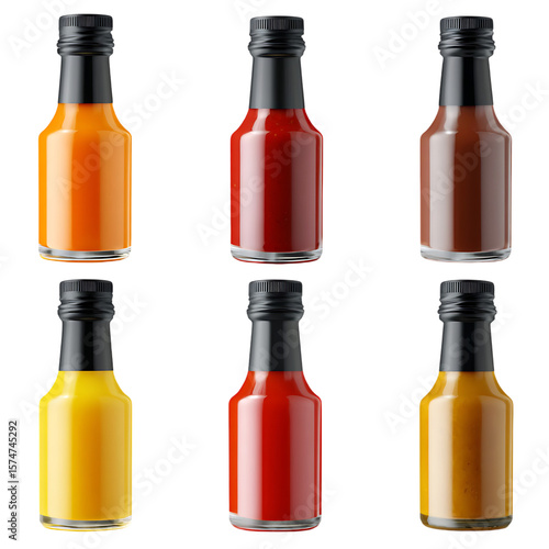 Assorted small glass bottles of hot sauce.