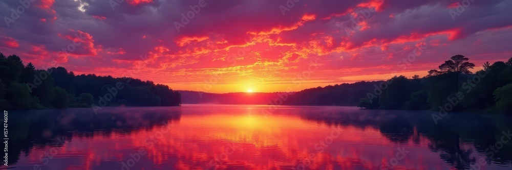 Obraz premium Fiery orange and purple sunset over Brewer, Maine's Penobscot River , color, landscape, awesome