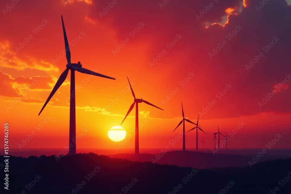 Obraz premium Silhouetted wind turbines against a fiery sunset , nature, generator