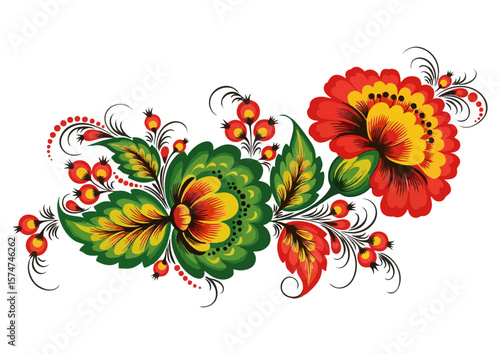 Stylized floral painting in Petrykivka folk art style with vibrant colors and copy space