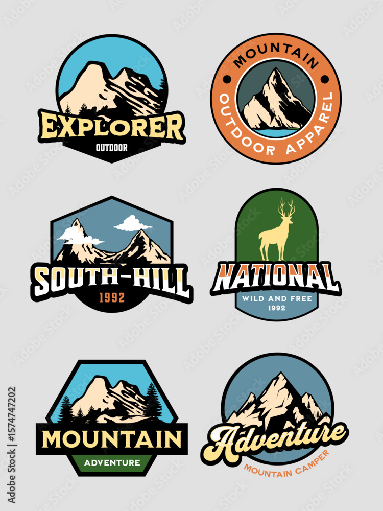 Obraz premium Collection of adventure and outdoor exploration logos featuring mountains and nature scenes in a retro style.