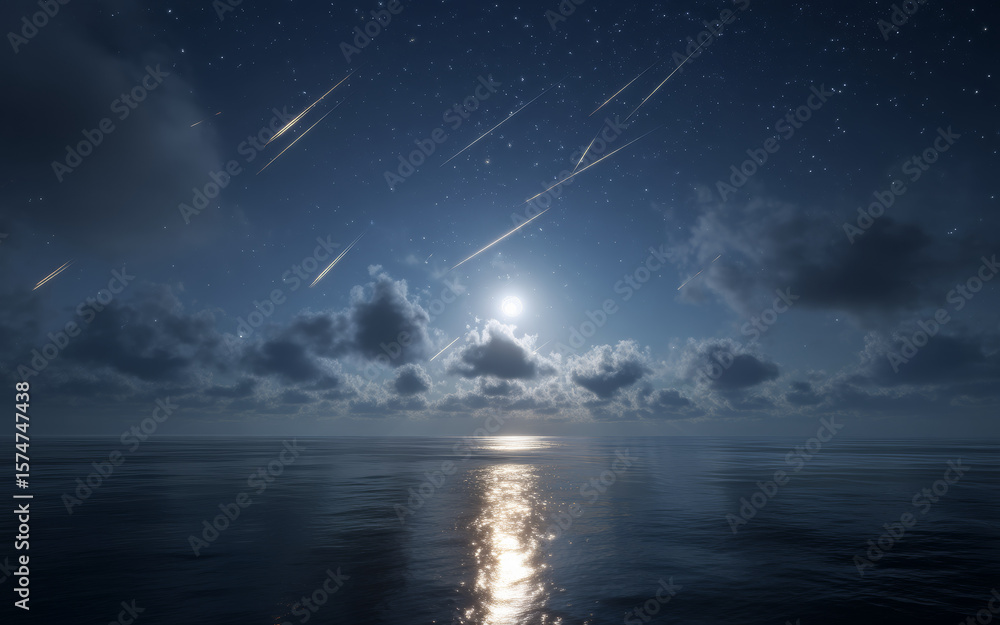 Naklejka premium Meteor Shower Over Ocean – Night Sky Reflections