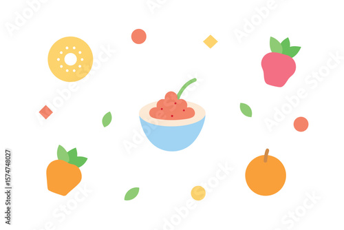 Flat Minimal Smoothie Bowl And Fruit Topping Icons On White