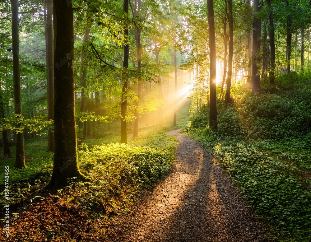 Obraz premium serene green forest landscape at sunrise golden sunrays through trees leaves peaceful nature trail path peaceful lush foliage stunning sunlight morning mist tranquil woodland scene freedom adventure