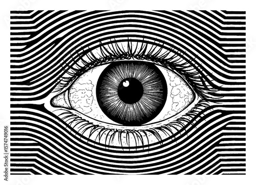 Human Eye Centered Horizontally with Surrounding Optical Illusion Background Black and White Outline Line Art Drawing