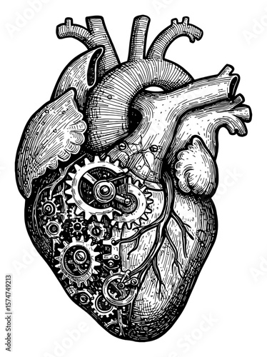 Detailed Black and White Outline Line Art Drawing of Half Human Heart and Half Steampunk Gears Mechanical Engraving Illustration