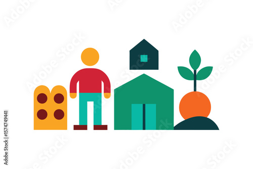 Farmer Barn Chicken Coop Icons In Flat Organic Style