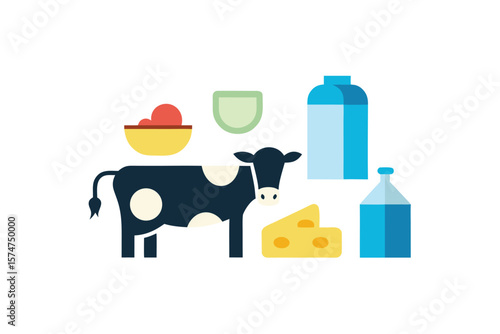Dairy Farm Elements With Cow Milk And Cheese Icon Set