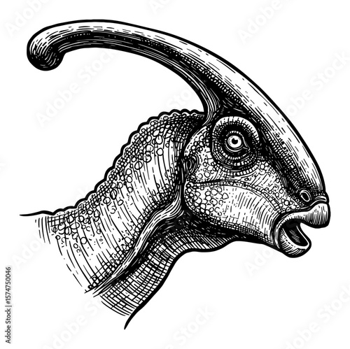 Parasaurolophus Head Portrait Black and White Outline Line Art Drawing Side View Detailed Engraved Style
