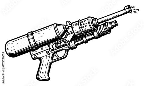 Water Gun Shooting Water Stream Retro Vintage Style Black and White Outline Line Art Drawing Illustration