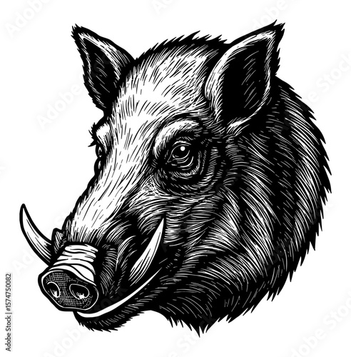 A Majestic Boar Head Portrait Side Profile in Detailed Vintage Black and White Outline Line Art Drawing