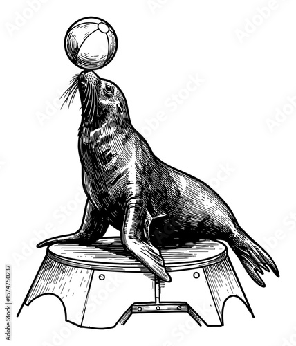 A Playful Seal Balancing a Ball on its Nose Above a Circus Platform Black and White Outline Line Art Drawing Vintage Style