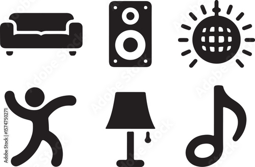 Party Icons  Silhouette Illustrations of Music, Dance, and Home Entertainment