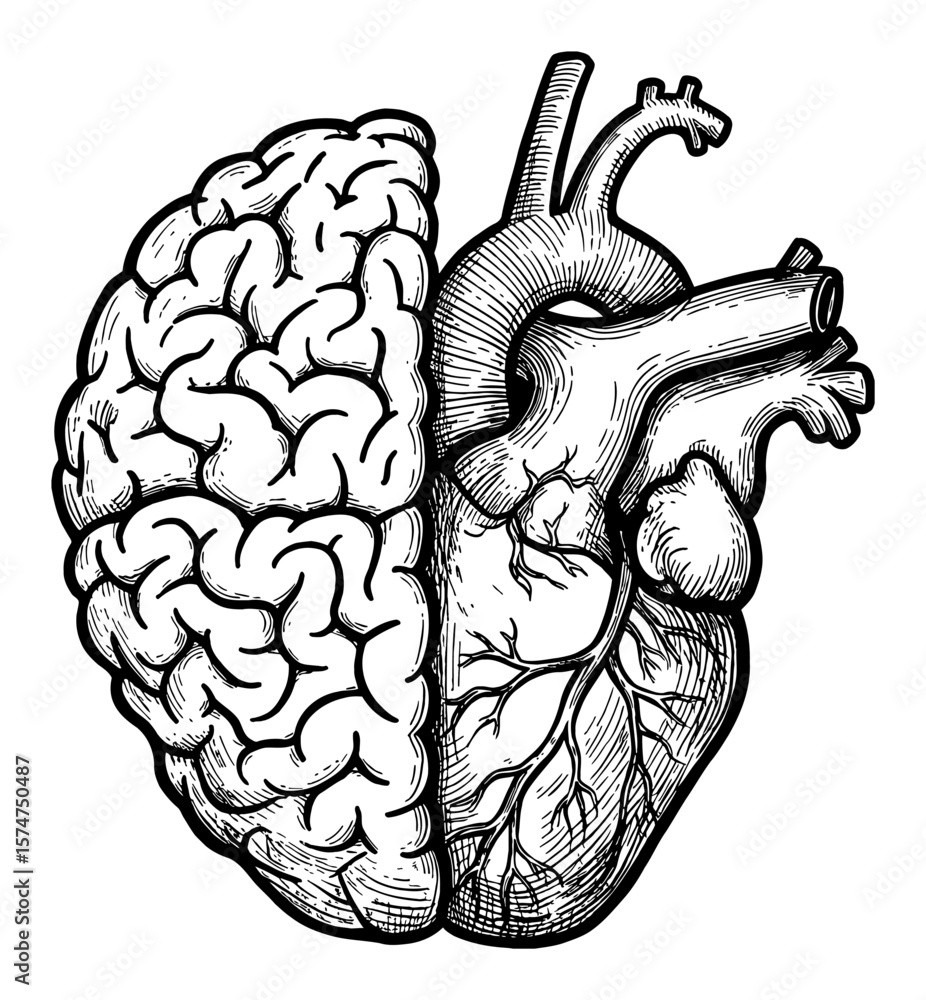 Obraz premium Creative Human Brain and Heart Shape Symbol Merged Half and Half Black and White Outline Line Art Drawing
