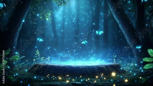 Enchanted forest with glowing butterflies and magical light
