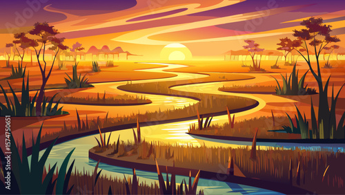 Caprivi Strip Wetlands, Namibia – Reflective channels wind through floodplains., lush reeds catch golden hour glow.