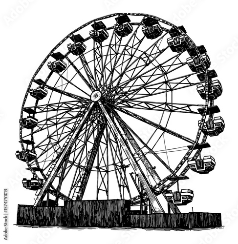 A large Ferris Wheel amusement park ride detailed vintage Black and White Outline Line Art Drawing engraving style