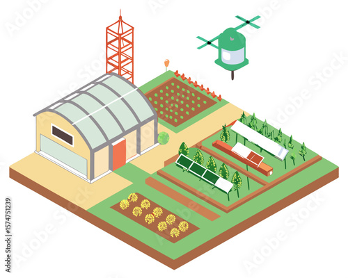 Modern smart farming concept on dry land using IoT-enabled equipment, solar water pumps, and aerial drones in isometric view.