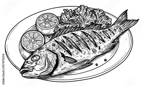 Delicious Grilled Fish on Plate with Lemon and Lettuce Vintage Black and White Outline Line Art Drawing