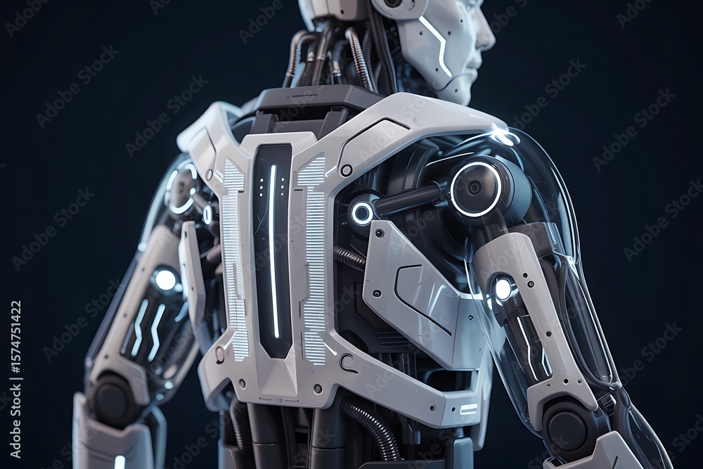 Fototapeta premium Futuristic Humanoid Robot Back View with Advanced Sci Fi Mechanical Details and Glowing Circuits