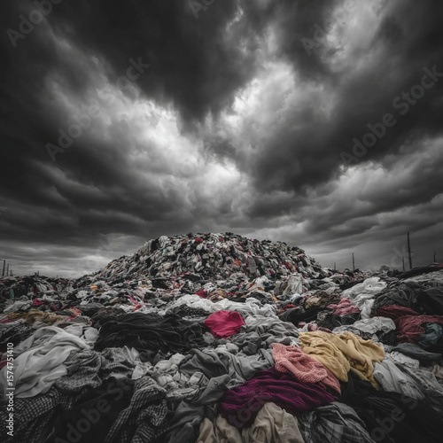 Overcast sky above a massive pile of discarded clothing and textile waste material
