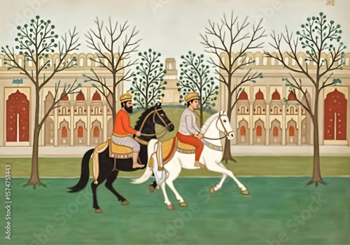 Mughal Emperor on Horse Vector – Ancient Indian Miniature Art of Emperor in Front of Palace Garden and Tree, Traditional Heritage Scene for Decor Illustration