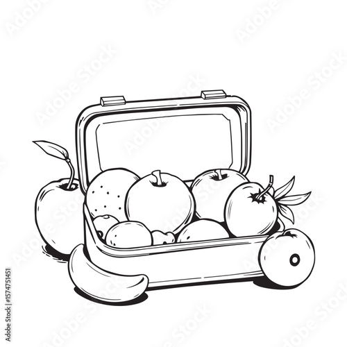 School lunchbox with fruits vector design concept black and white illustration.