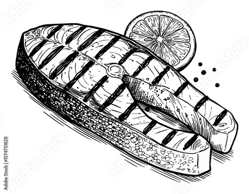 Grilled Salmon Steak with Lemon Slice and Peppercorns Black and White Outline Line Art Drawing