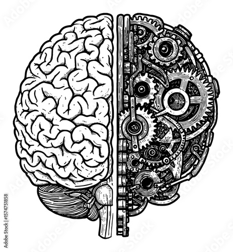 Concept Half Human Brain and Half Steampunk Gears Machine Mind Black and White Outline Line Art Drawing