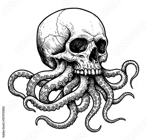 Detailed Human Skull with Creepy Octopus Tentacles Emerging Black and White Outline Line Art Drawing