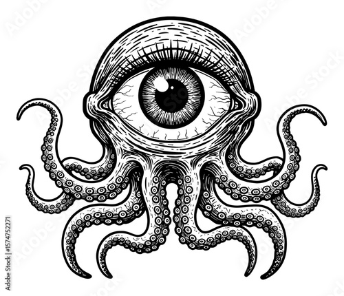Eyeball Monster Creature with Tentacles Front View in Black and White Outline Line Art Drawing Horror Theme