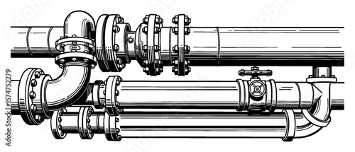 Industrial Pipes Flat Views Connected System Detailed Black and White Outline Line Art Drawing