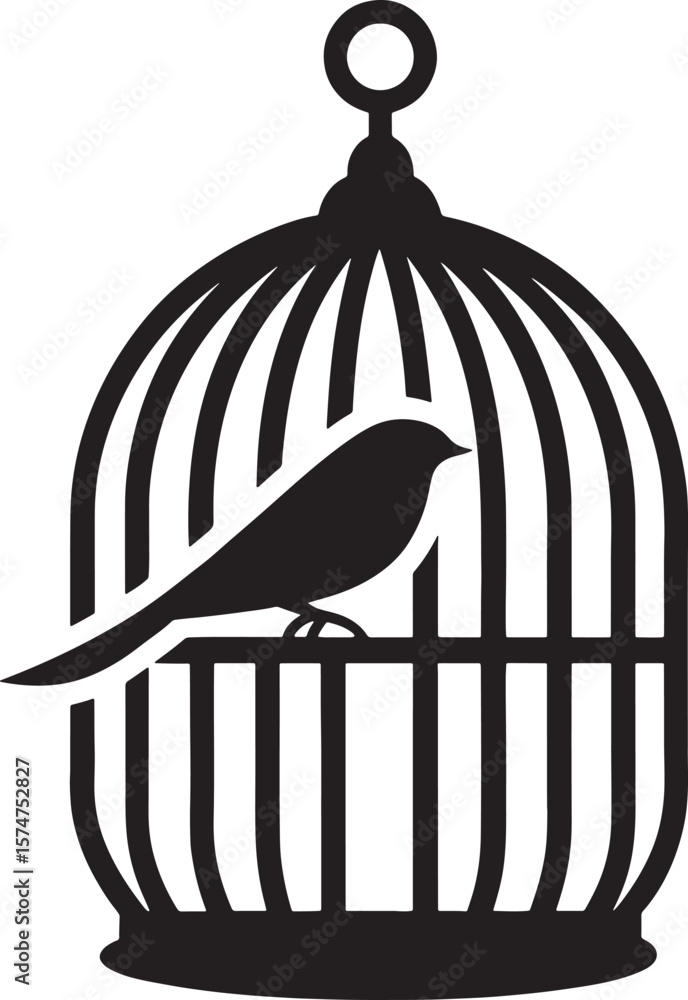 Fototapeta premium Black silhouette of a small bird perched inside a vintage birdcage isolated on white background