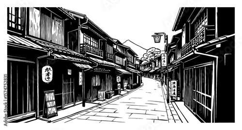 Empty Street View in Old Traditional Japan Town with Buildings and Mountain Black and White Outline Line Art Drawing
