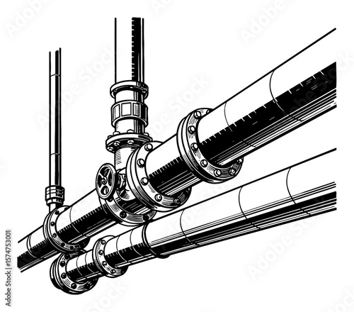 Industrial Pipes Plumbing System Flat Views Black and White Outline Line Art Drawing