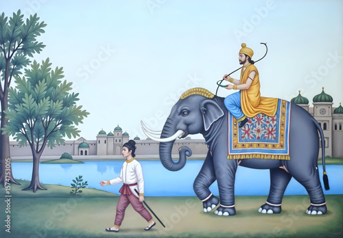 Mughal Emperor on Elephant Vector – Traditional Indian Wall Painting with Royal Procession by Lake and Jungle, Heritage Illustration for Decor and Art Prints