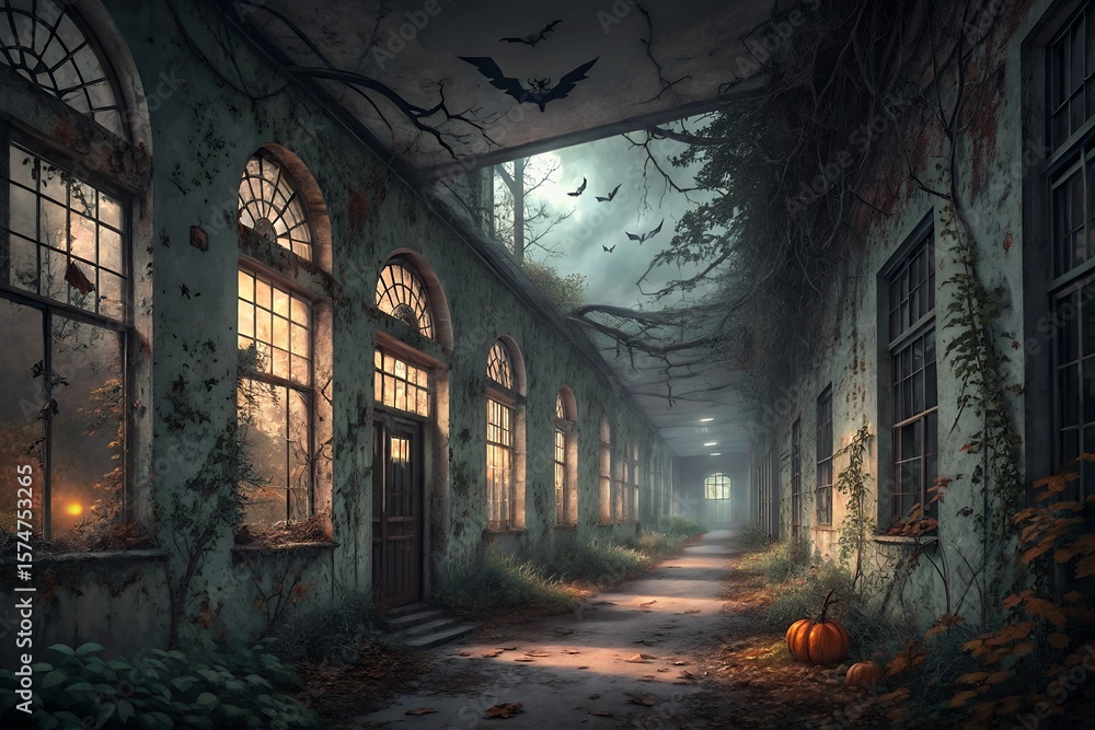 Fototapeta premium Eerie abandoned hallway with arched windows and bats flying overhead at dusk